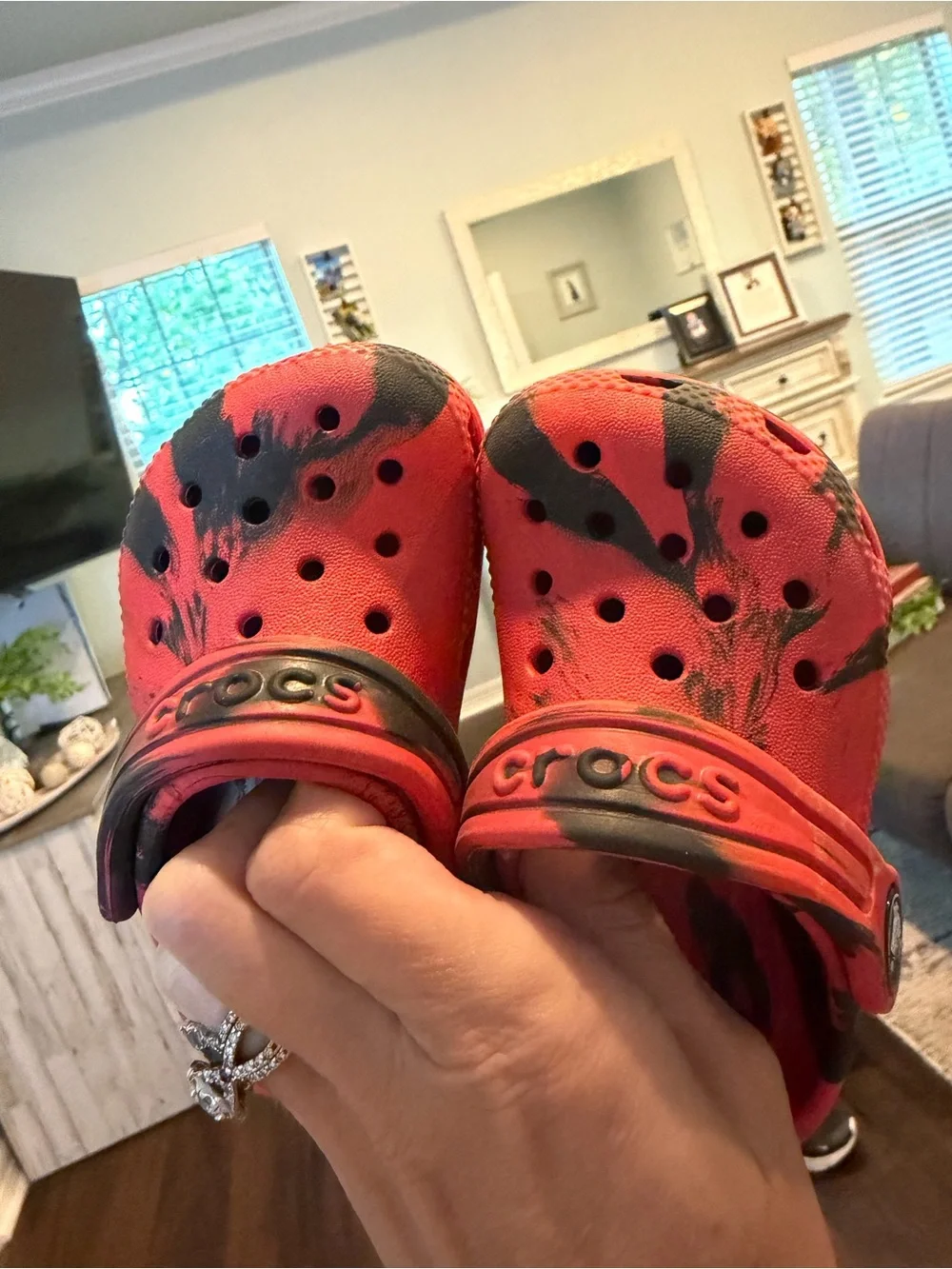 Crocs Kids Size 5 Red Black Graphic Classic Clogs